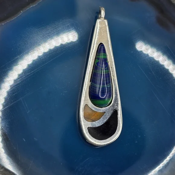 Taxco Lapis & Malachite Teardrop Pendant Hallmark 950 TS-101 Mexico - Picture 2 of 9